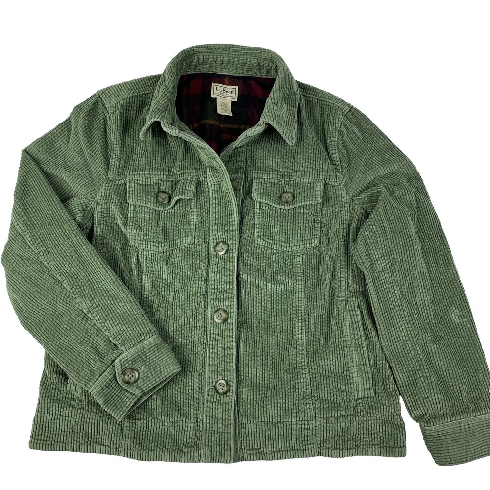 L.L. Bean Women's Corduroy Jacket Flannel Lined Big Button Up Green, M-Regular